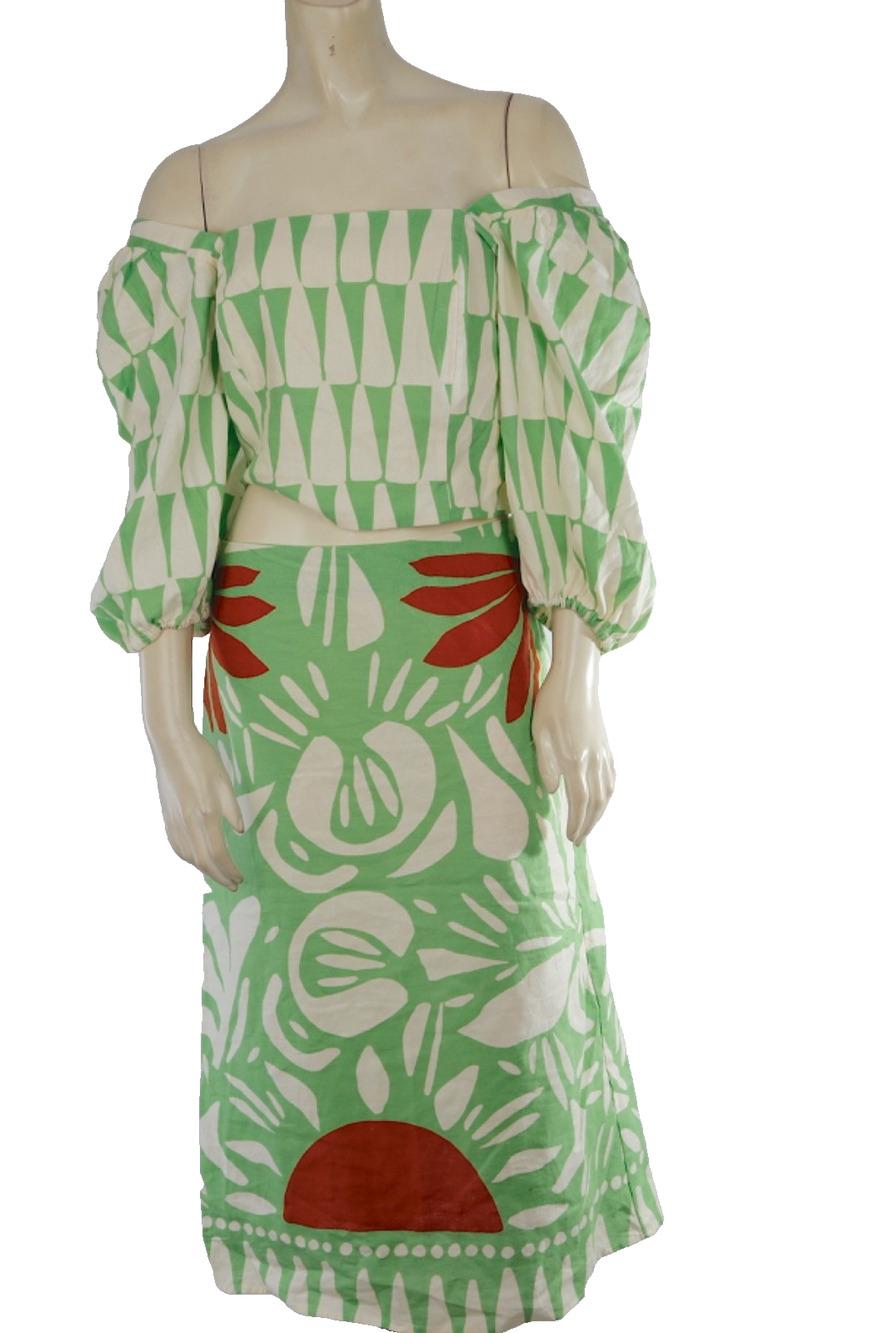 Maison D'Amelie 2pc Matching Set Green Abstract Print Crop Top & Midi Skirt Sz S